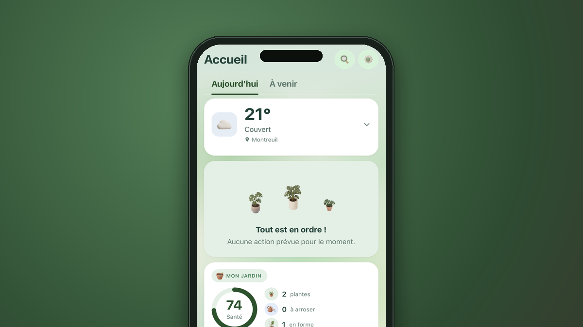 Plenova app home screen: weather, garden health score and care tasks